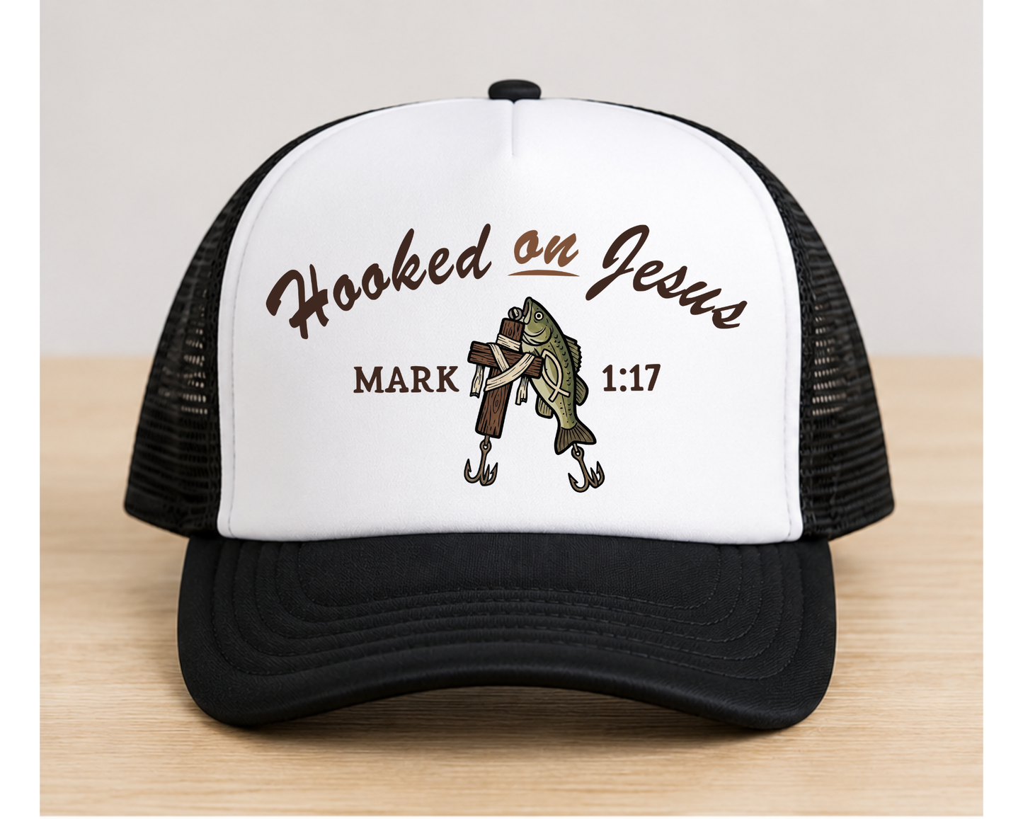 Youth Hooked on Jesus Trucker Hat | Mark 1:17 Christian Fishing Mesh Cap