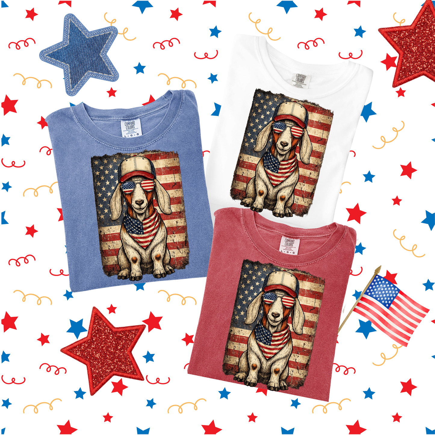 Patriotic Goat Graphic Tee – Funny Farm Animal Fourth of July Shirt