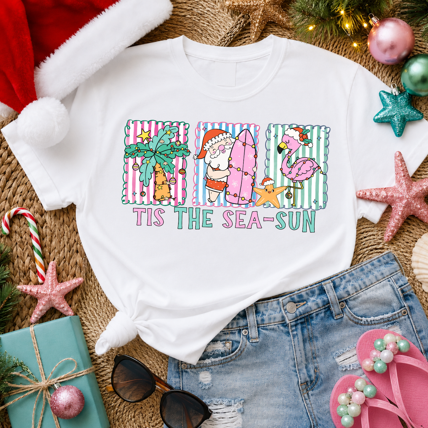 Tis The Sea-Sun | Christmas Beach Comfort Colors Graphic Tee | Coastal Santa Holiday Shirt