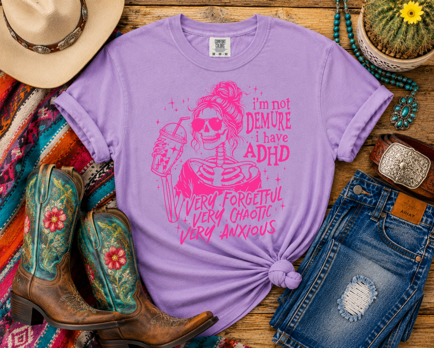 I'm Not Demure, I Have ADHD | Funny ADHD Skeleton Fall Graphic Tee | Spooky Season Shirt