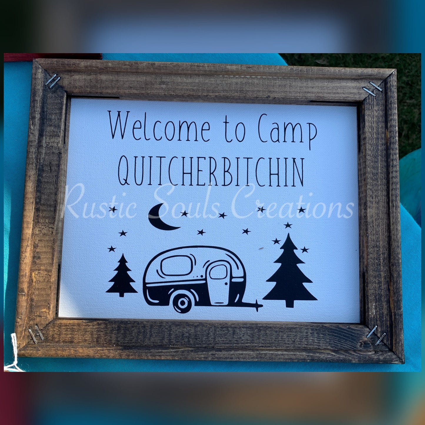 Welcome To Camp Quitcherbitchin, Framed Wooden Sign, Camper Decor, Camping Humor, Funny Camp Sign