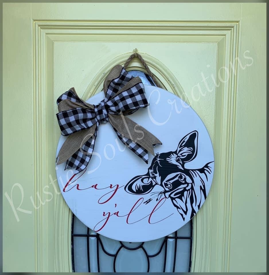 Hay Y'all Door Sign | Cow Door Hanger Sign | Welcome Door Hanger