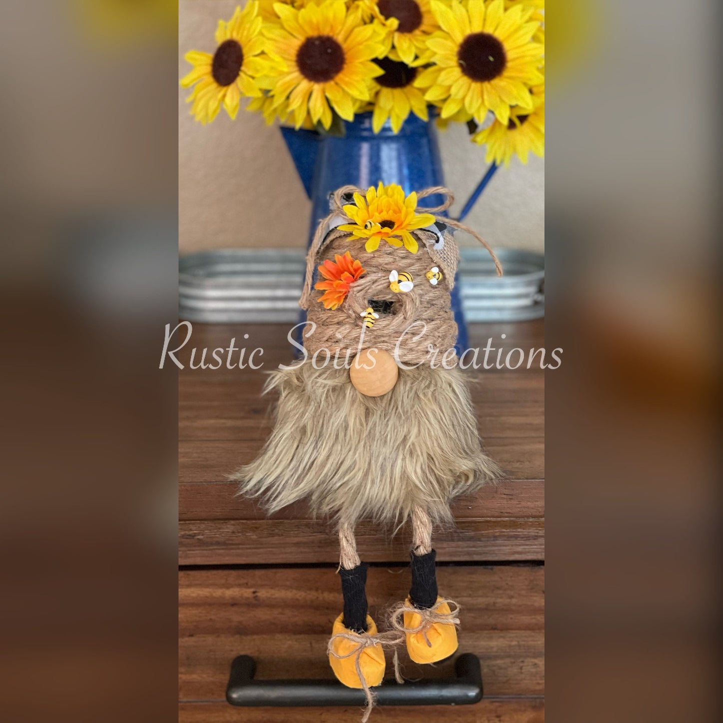 Gnome Shelf Sitter | Beehive Gnome | Sunflower Gnome | Rope Beehive | Bee Decor | Sunflower Decor