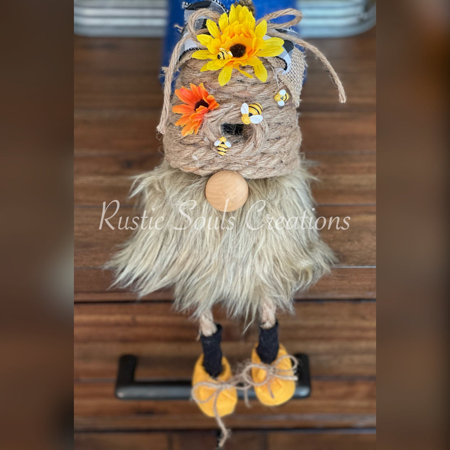 Gnome Shelf Sitter | Beehive Gnome | Sunflower Gnome | Rope Beehive | Bee Decor | Sunflower Decor