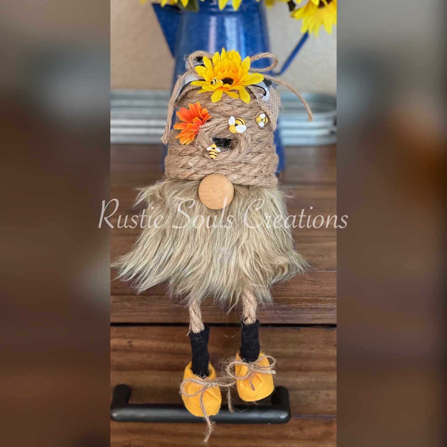 Gnome Shelf Sitter | Beehive Gnome | Sunflower Gnome | Rope Beehive | Bee Decor | Sunflower Decor
