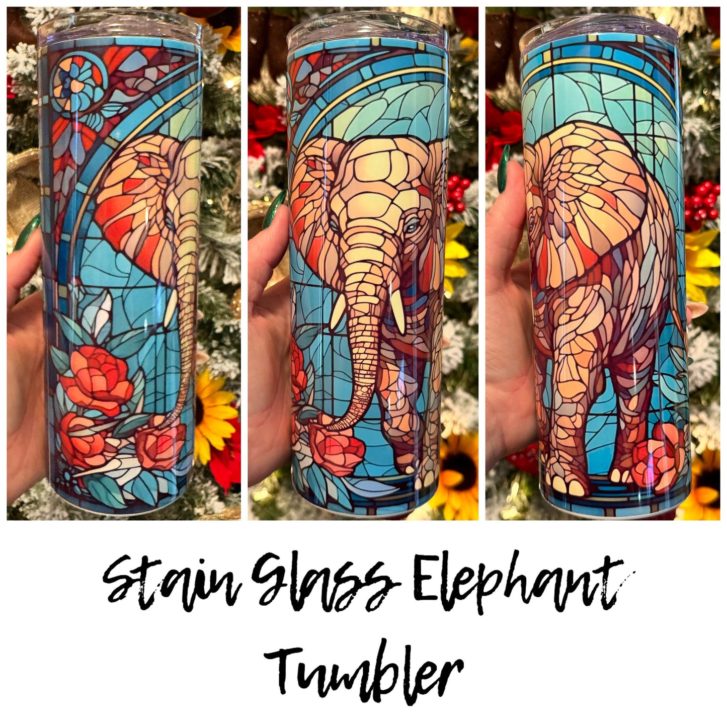 Beautiful Stained Glass Tumbler | 20oz Straight Tumblers | Stained Glass Elephant Tumbler | Elephant Tumblers