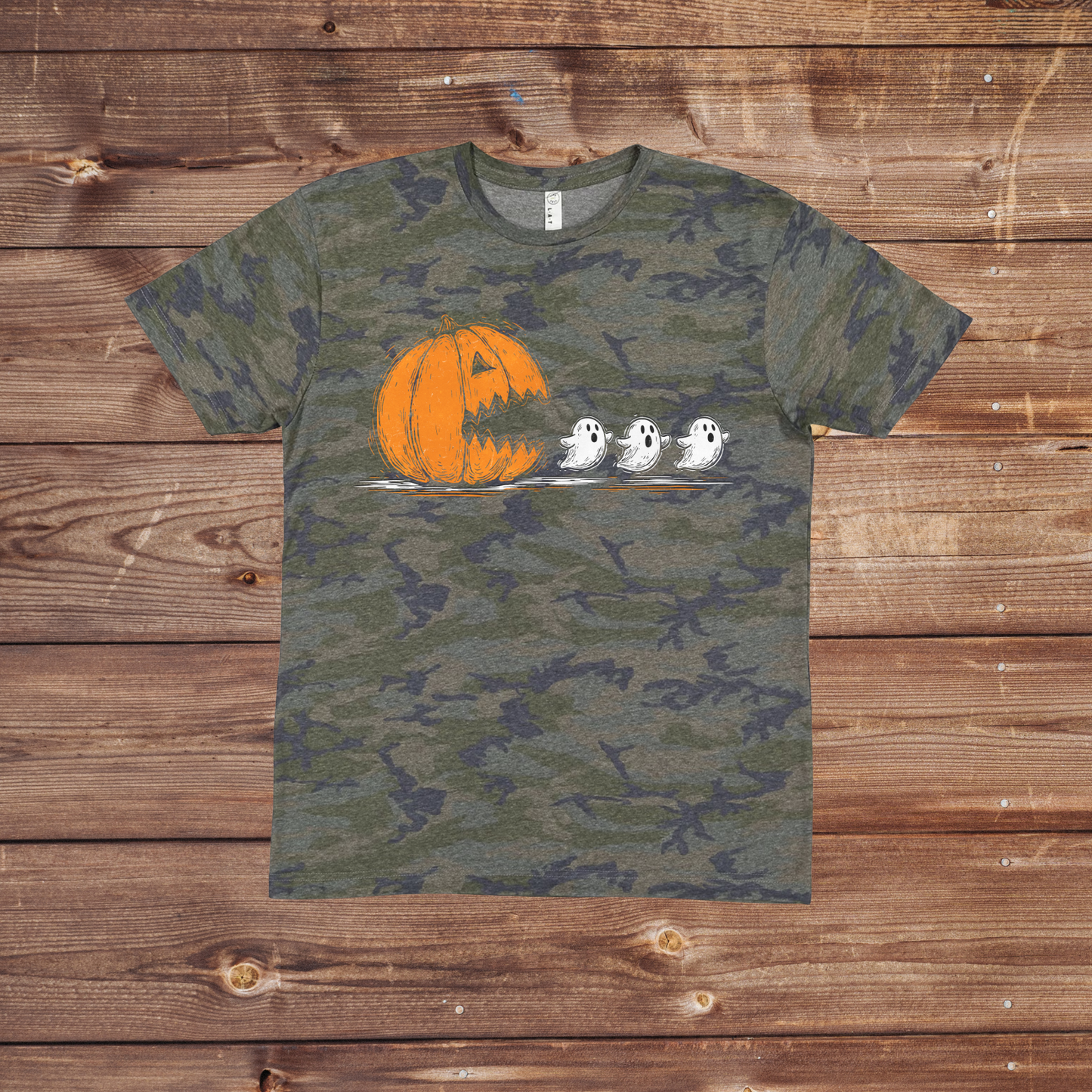 Pumpkin Ghost Camo Halloween Shirt | Funny Spooky Season Graphic Tee