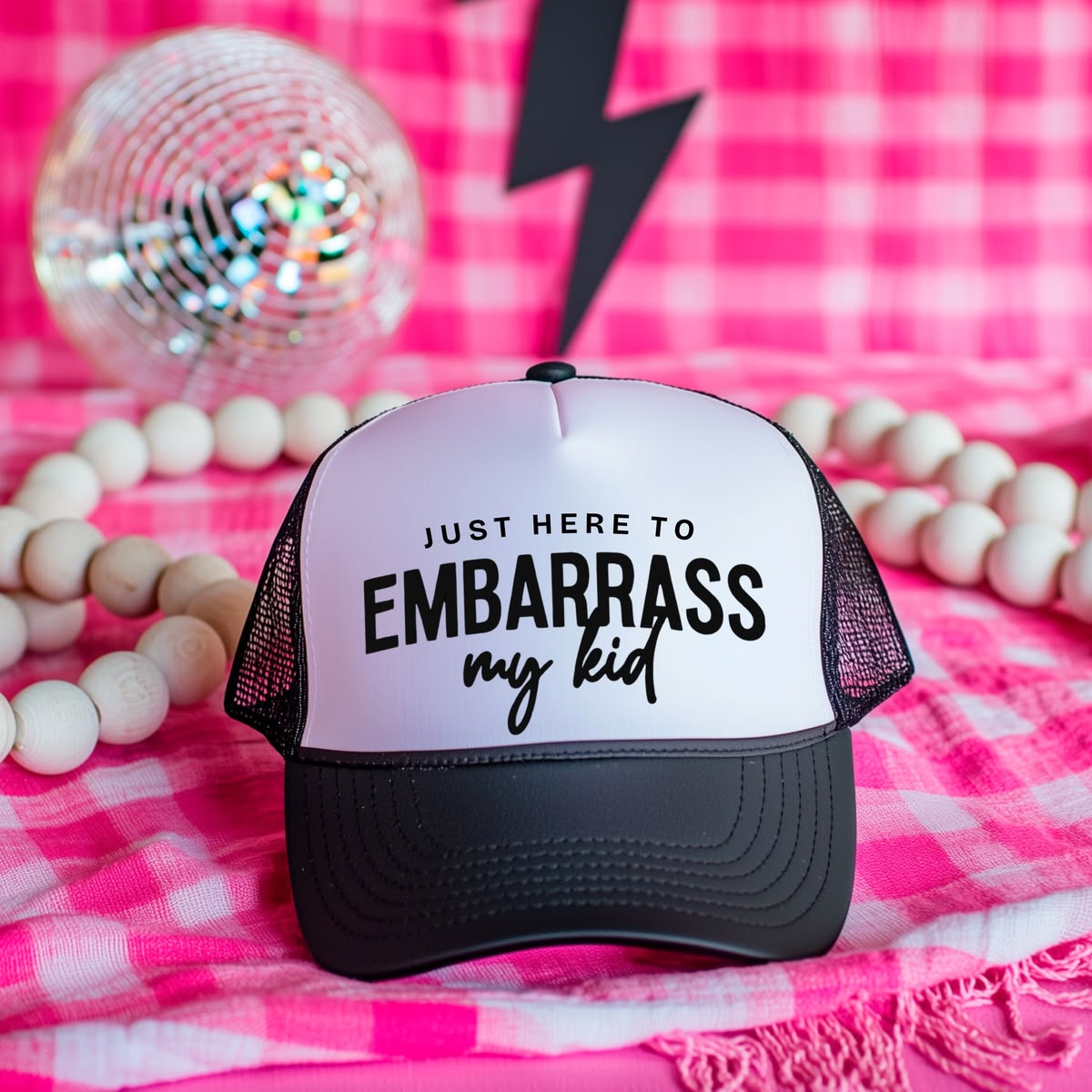Just Here to Embarrass My Kid Trucker Hat | Funny Parent Hat | Mom & Dad Mesh Cap | Baseball Game Hat | Gift for Parents