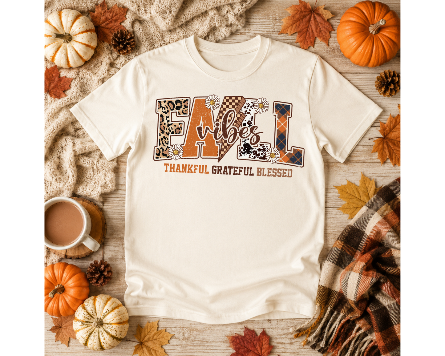 Fall Vibes Graphic T-Shirt | Thankful Grateful Blessed | Cozy Autumn Vibes Graphic Tee