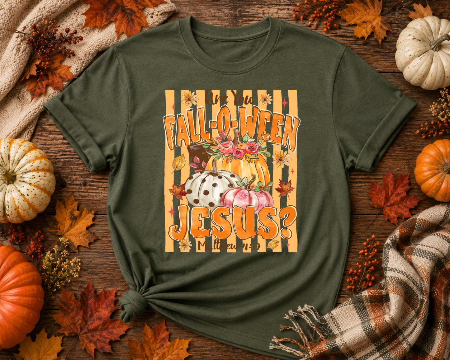 Fall-O-Ween Jesus Christian Pumpkin Shirt | Matthew 4:19 Fall Graphic Tee | Faith-Based Autumn T-Shirt | Thanksgiving Christian Apparel