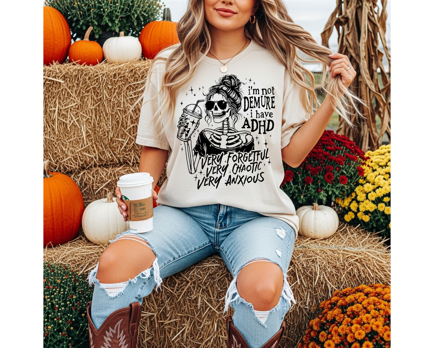 I'm Not Demure, I Have ADHD | Funny ADHD Skeleton Fall Graphic Tee | Spooky Season Shirt