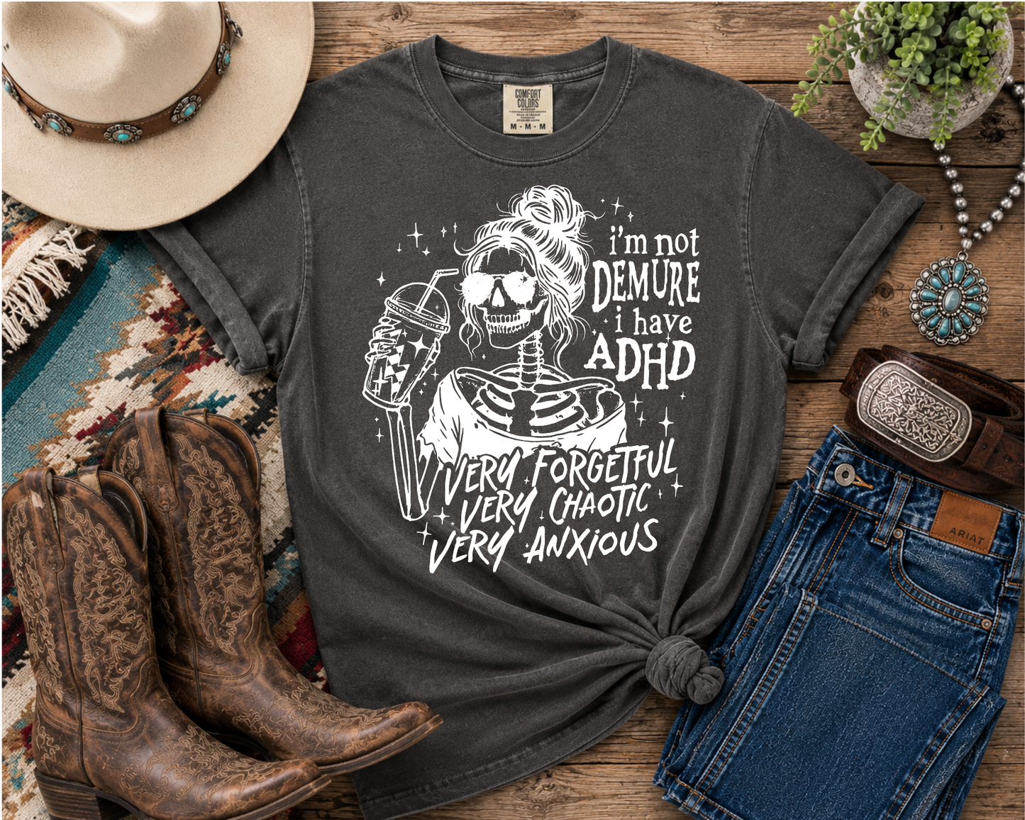 I'm Not Demure, I Have ADHD | Funny ADHD Skeleton Fall Graphic Tee | Spooky Season Shirt