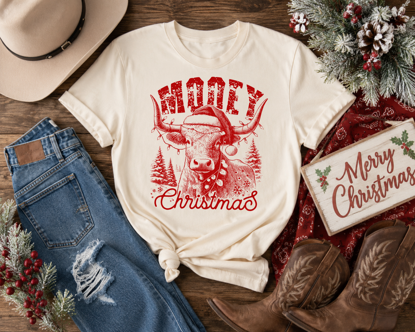 MOOEY Christmas Highland Cow Tee | Western Christmas Shirt | Country Christmas Graphic Tee | Cowboy Holiday Shirt | Adult & Youth