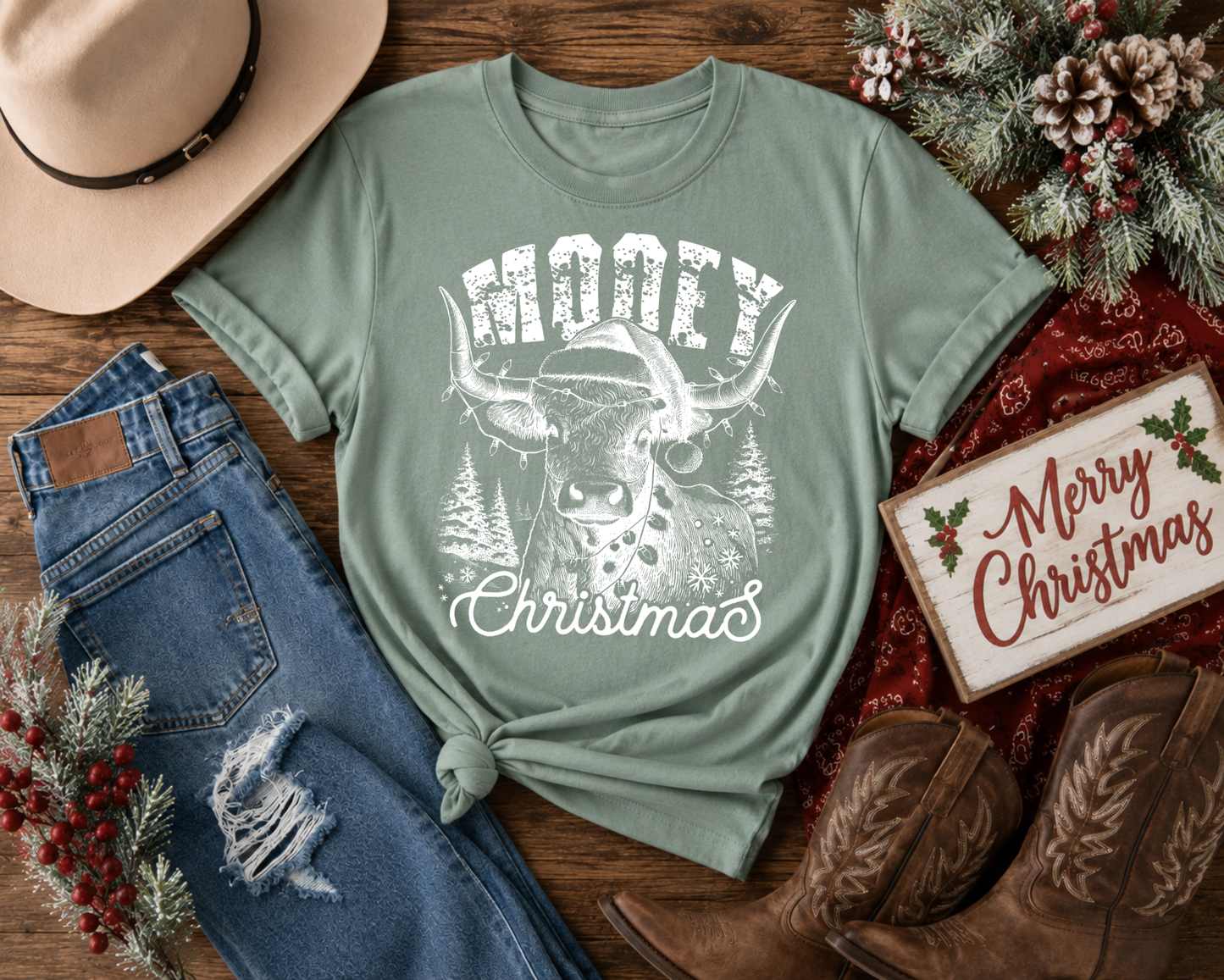 MOOEY Christmas Highland Cow Tee | Western Christmas Shirt | Country Christmas Graphic Tee | Cowboy Holiday Shirt | Adult & Youth