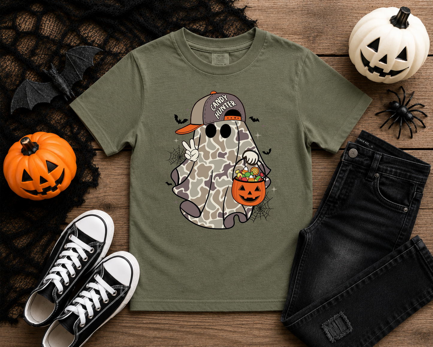 Camo Ghost Halloween Shirt | Cute Ghost Trick or Treat Tee | Candy Hunter | Kids & Adult Halloween Graphic Tee
