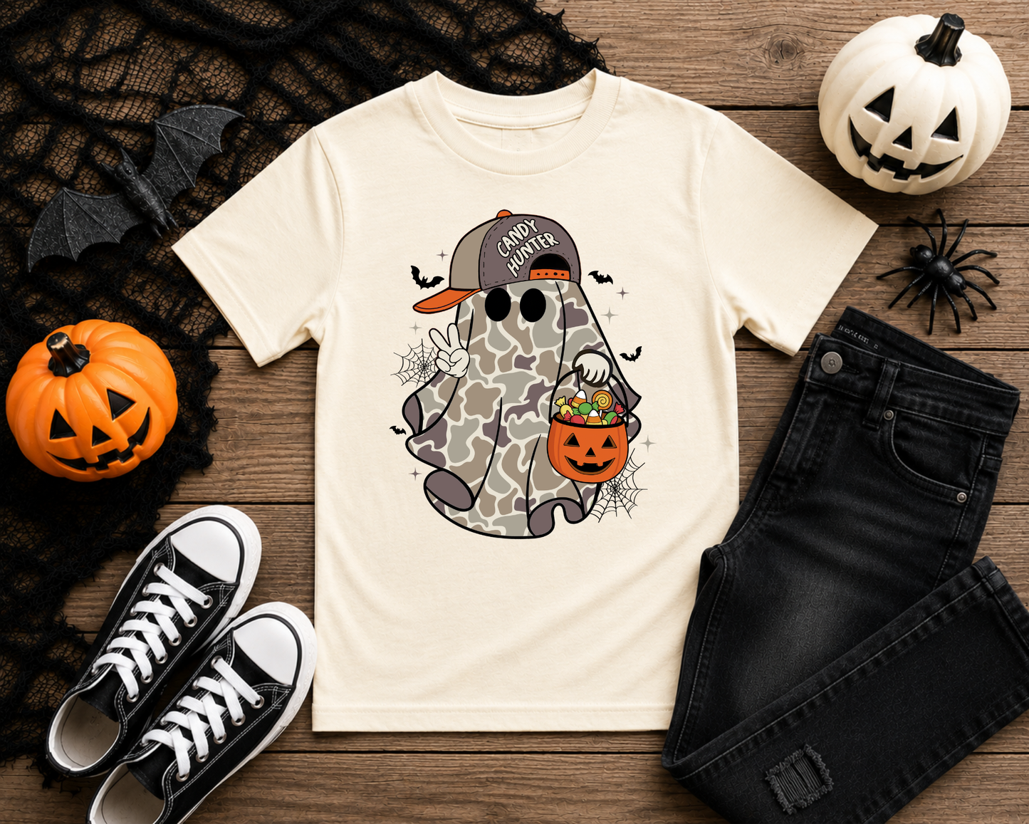 Camo Ghost Halloween Shirt | Cute Ghost Trick or Treat Tee | Candy Hunter | Kids & Adult Halloween Graphic Tee