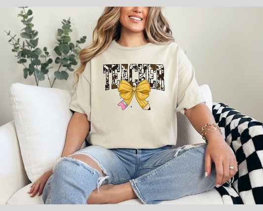 Teacher Pencil Bow Graphic Tee | Back to School Shirt | Cute Teacher T-Shirt | Teacher Appreciation Gift | School Staff Tee