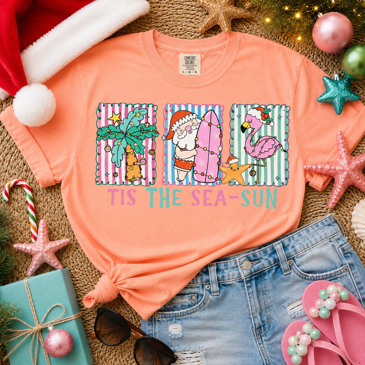 Tis The Sea-Sun | Christmas Beach Comfort Colors Graphic Tee | Coastal Santa Holiday Shirt