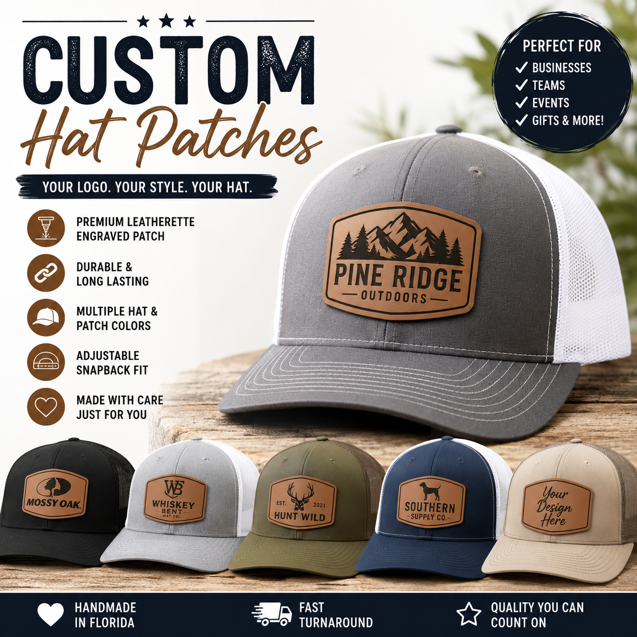 Custom Leatherette Hat Patch | Personalized Patch Hat | Business Logo Hat Patches | Engraved Patch Cap