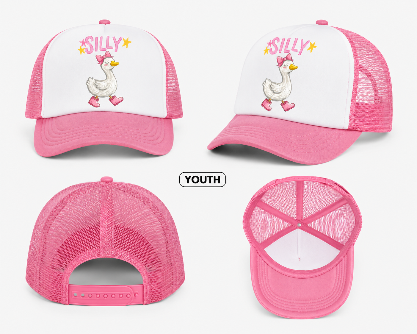 Silly Goose Youth Trucker Hat | Pink & White Kids Mesh Snapback