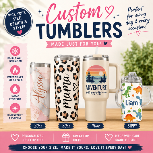 Custom Sippy Tumblers  | Custom 20oz Tumblers | Custom 30oz Tumblers | Custom 15oz Tumblers | Custom 40oz Tumblers