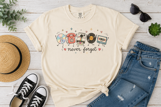 Never Forget Retro Nostalgia T-Shirt | 80s 90s Vintage Graphic Tee | Cute Retro Music Shirt | Polaroid Vinyl Cassette CD Phone Tee