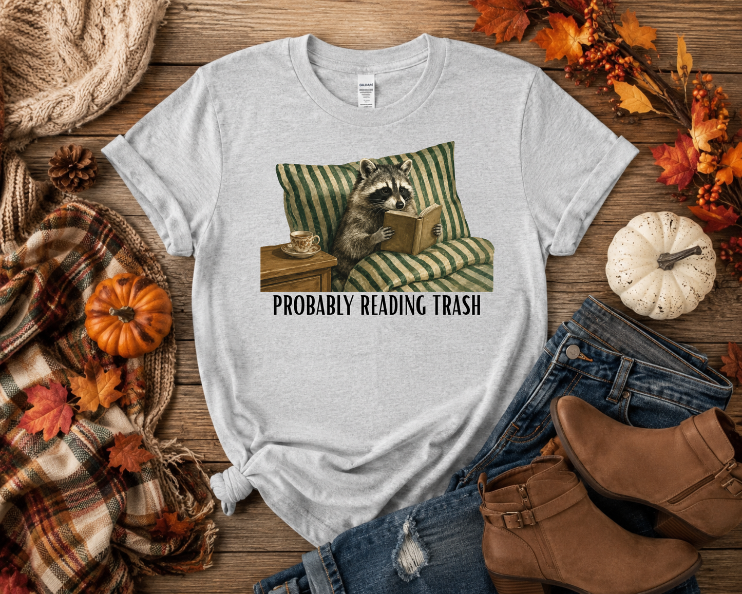 Probably Reading Trash Raccoon Shirt | Funny Book Lover Reading Tee | Cozy Bookish Graphic T-Shirt