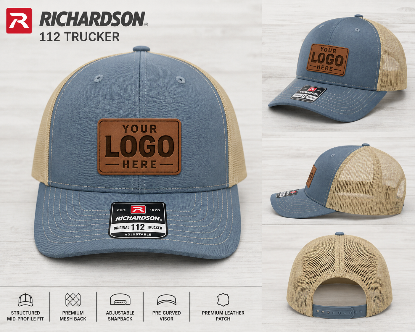 Custom Richardson 112 Trucker Hat with Engraved Leather Patch | Personalized Logo Hat