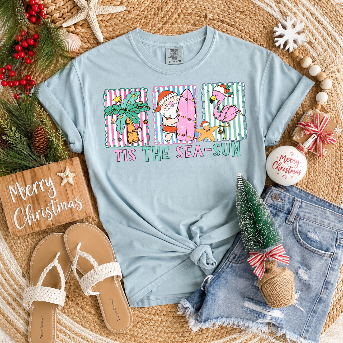 Tis The Sea-Sun | Christmas Beach Comfort Colors Graphic Tee | Coastal Santa Holiday Shirt