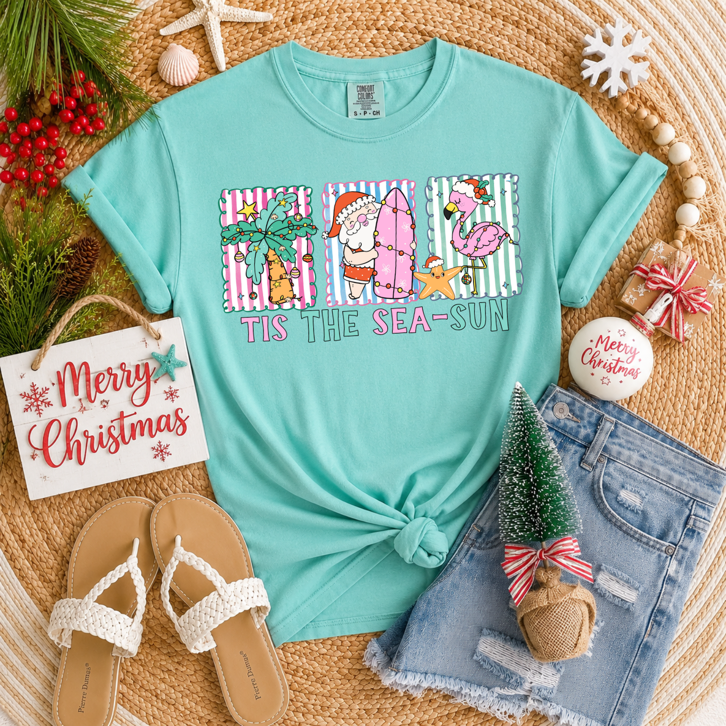 Tis The Sea-Sun | Christmas Beach Comfort Colors Graphic Tee | Coastal Santa Holiday Shirt