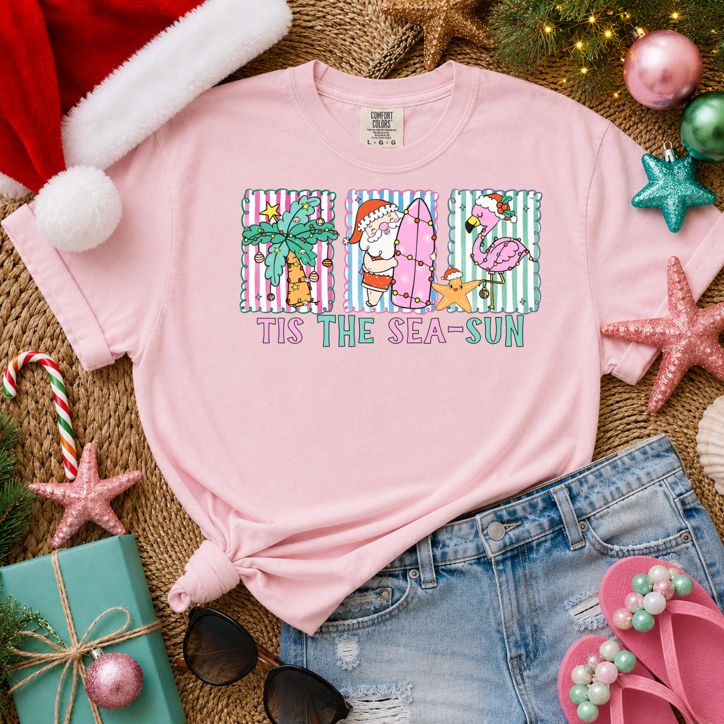 Tis The Sea-Sun | Christmas Beach Comfort Colors Graphic Tee | Coastal Santa Holiday Shirt