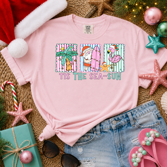 Tis The Sea-Sun | Christmas Beach Comfort Colors Graphic Tee | Coastal Santa Holiday Shirt