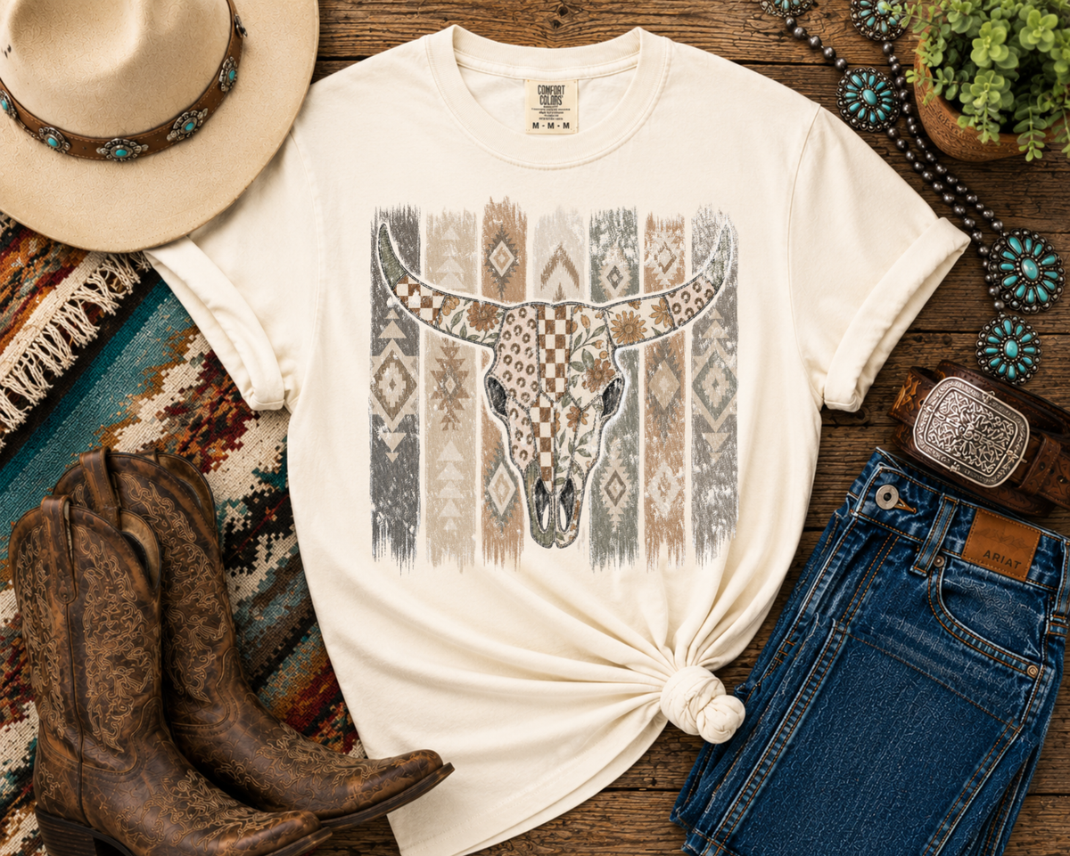 Aztec Bull Skull Western Graphic T-Shirt