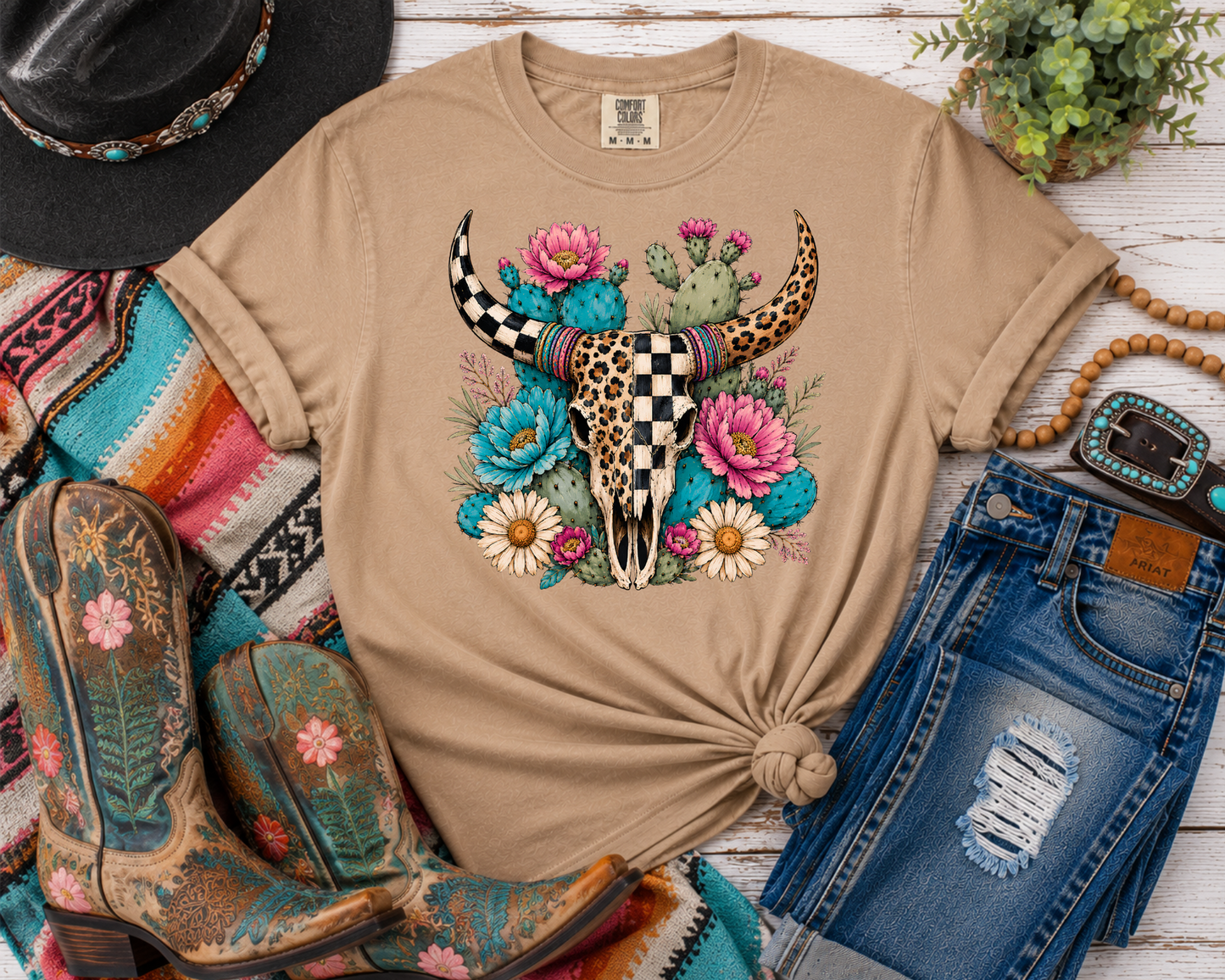 Western Cow Skull & Cactus Floral Graphic Tee