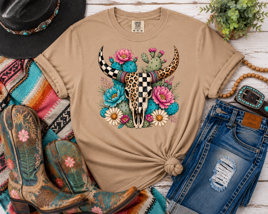 Western Cow Skull & Cactus Floral Graphic Tee