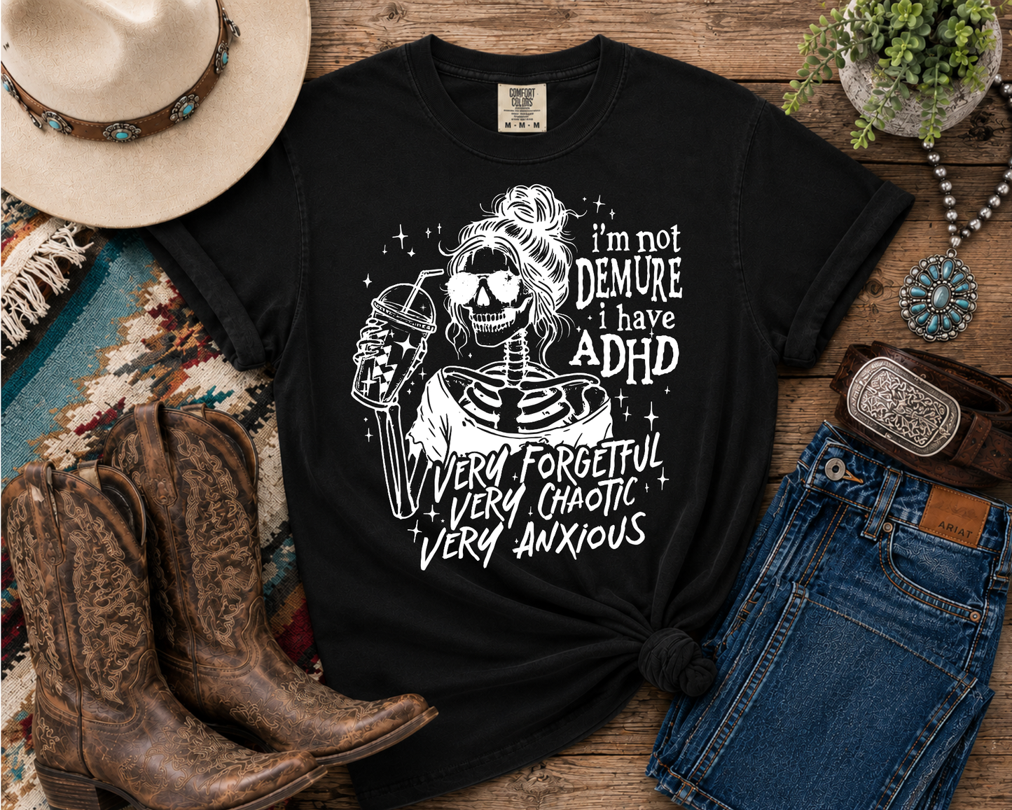 I'm Not Demure, I Have ADHD | Funny ADHD Skeleton Fall Graphic Tee | Spooky Season Shirt