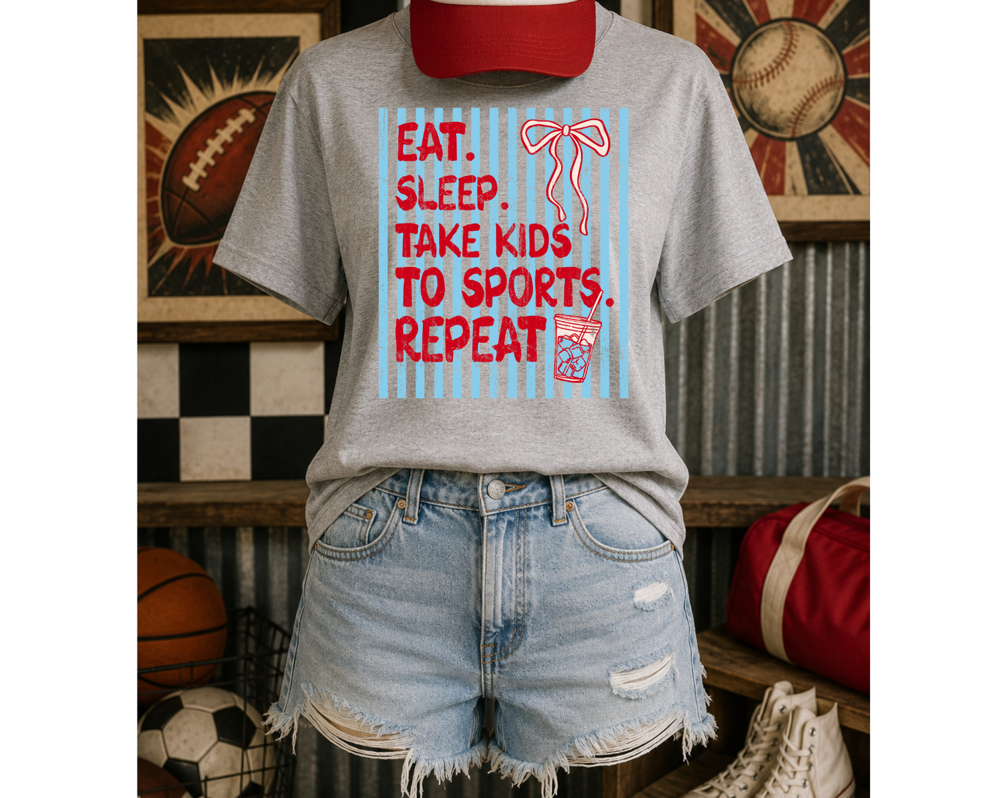Eat Sleep Take Kids to Sports Repeat T-Shirt | Sports Mom Graphic Tee | Coquette Game Day Shirt