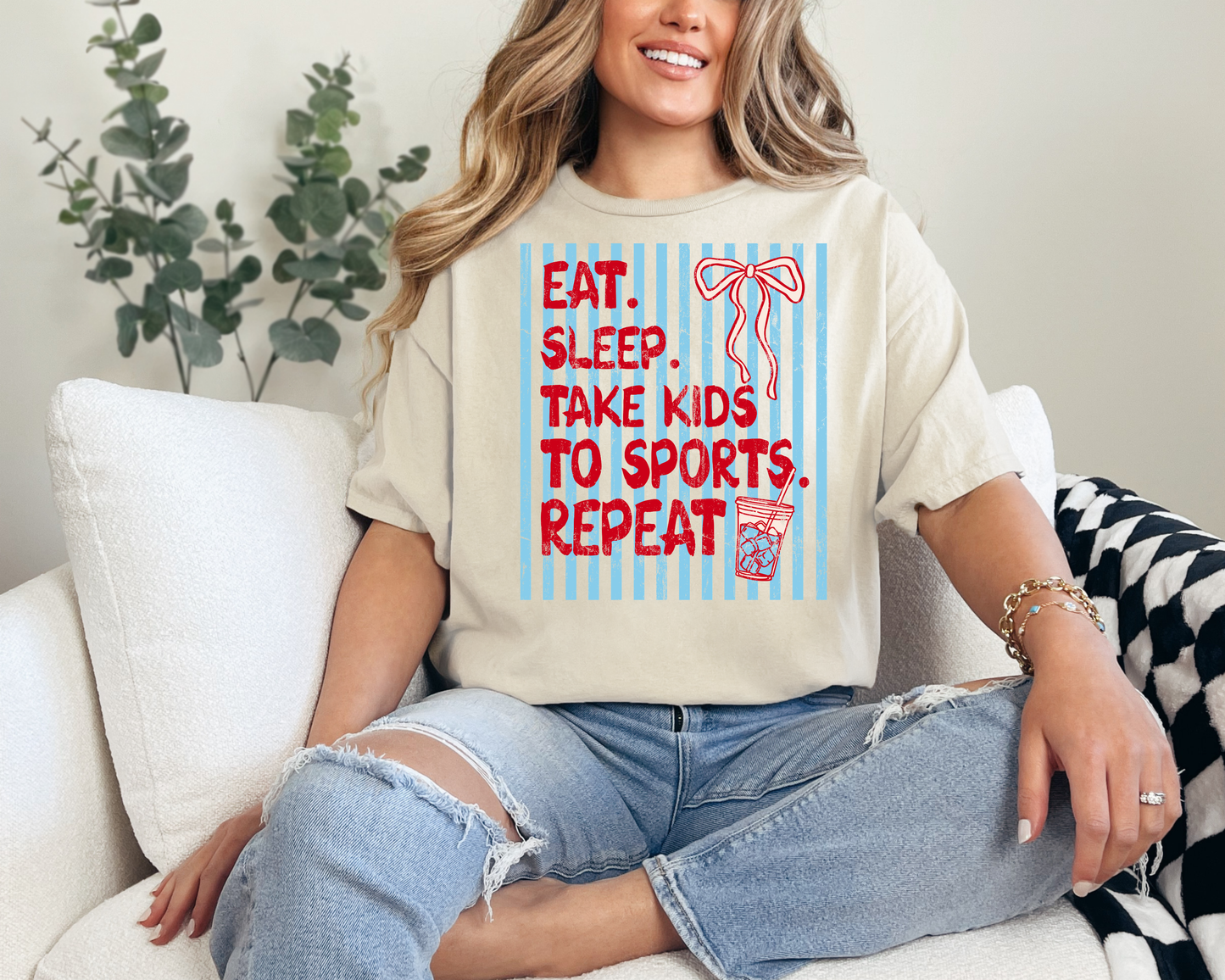 Eat Sleep Take Kids to Sports Repeat T-Shirt | Sports Mom Graphic Tee | Coquette Game Day Shirt