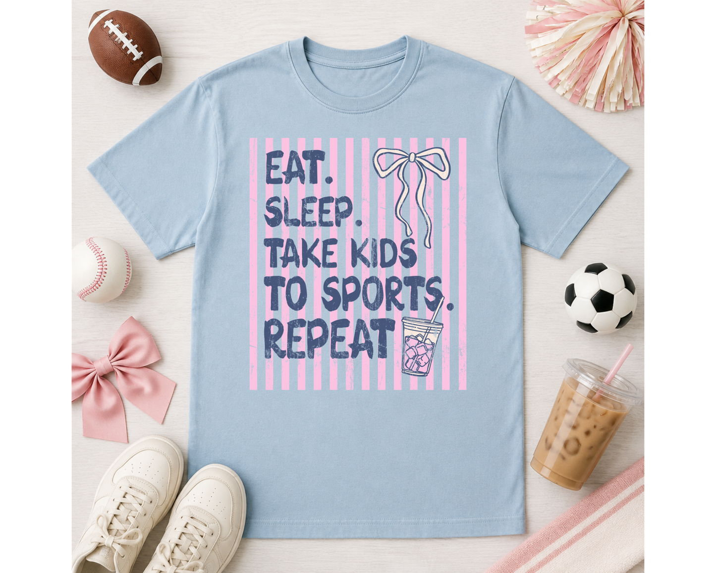 Eat Sleep Take Kids to Sports Repeat T-Shirt | Sports Mom Graphic Tee | Coquette Game Day Shirt
