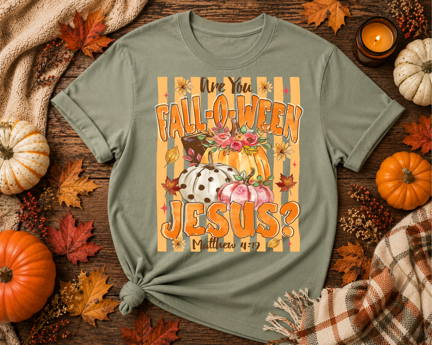 Fall-O-Ween Jesus Christian Pumpkin Shirt | Matthew 4:19 Fall Graphic Tee | Faith-Based Autumn T-Shirt | Thanksgiving Christian Apparel