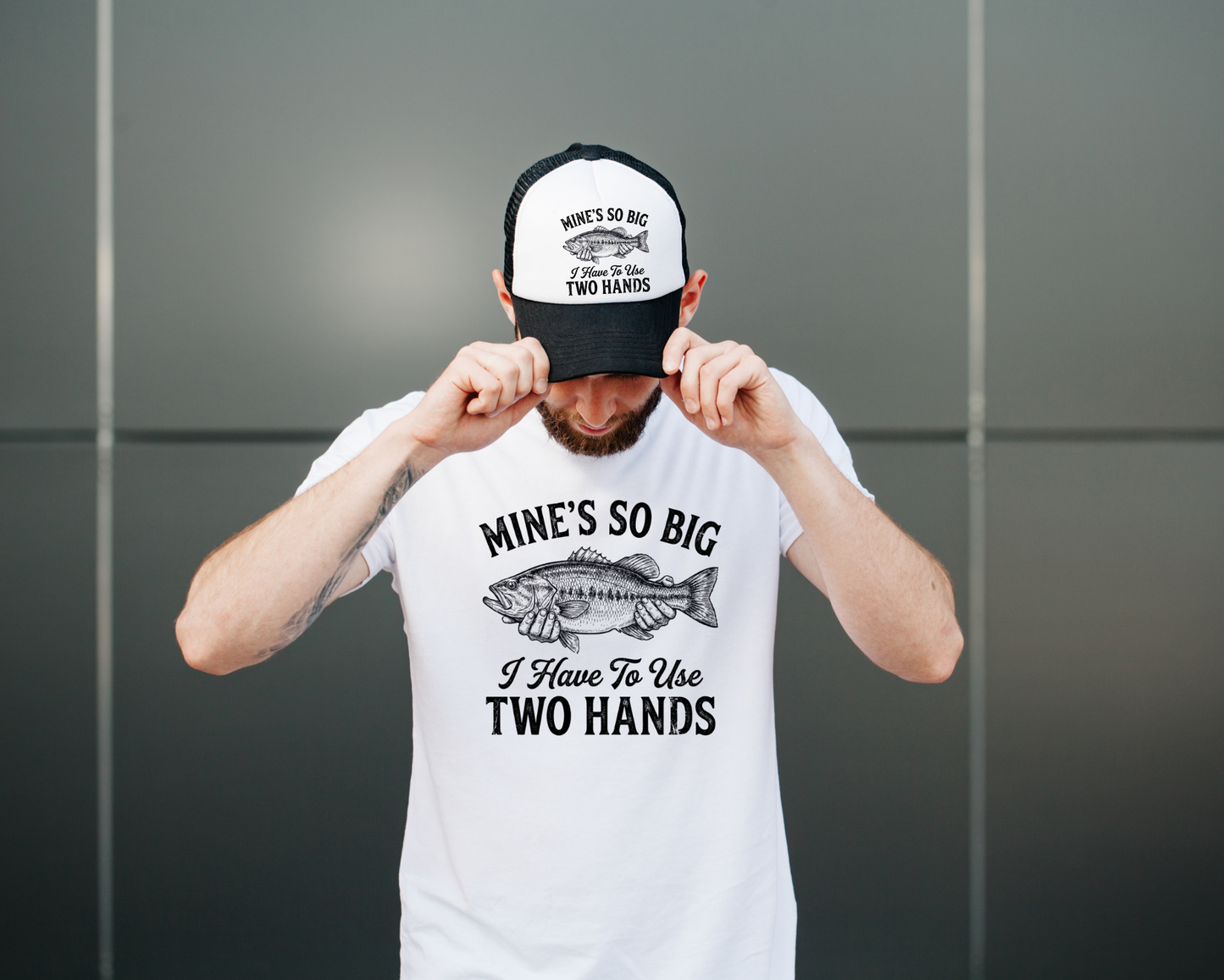Mine’s So Big I Have to Use Two Hands Fishing T-Shirt, Hat – Funny Fisherman Gift