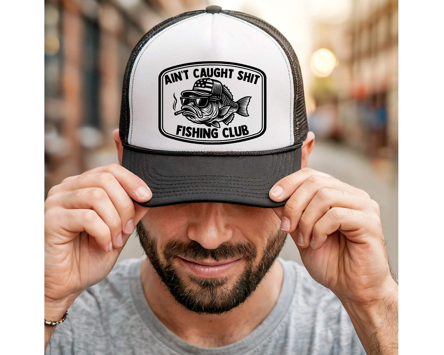 Ain't Caught Shit Fishing Club Trucker Hat & Graphic T-Shirt | Funny Fishing Shirt | Bass Fisherman Gift | Lake Life Apparel | Dad Gift