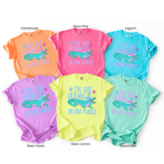 I've Got Friends in Low Places Funny Alligator Graphic Tee | Southern Country Shirt | Florida Gator Tee | Comfort Colors Neon Shirt