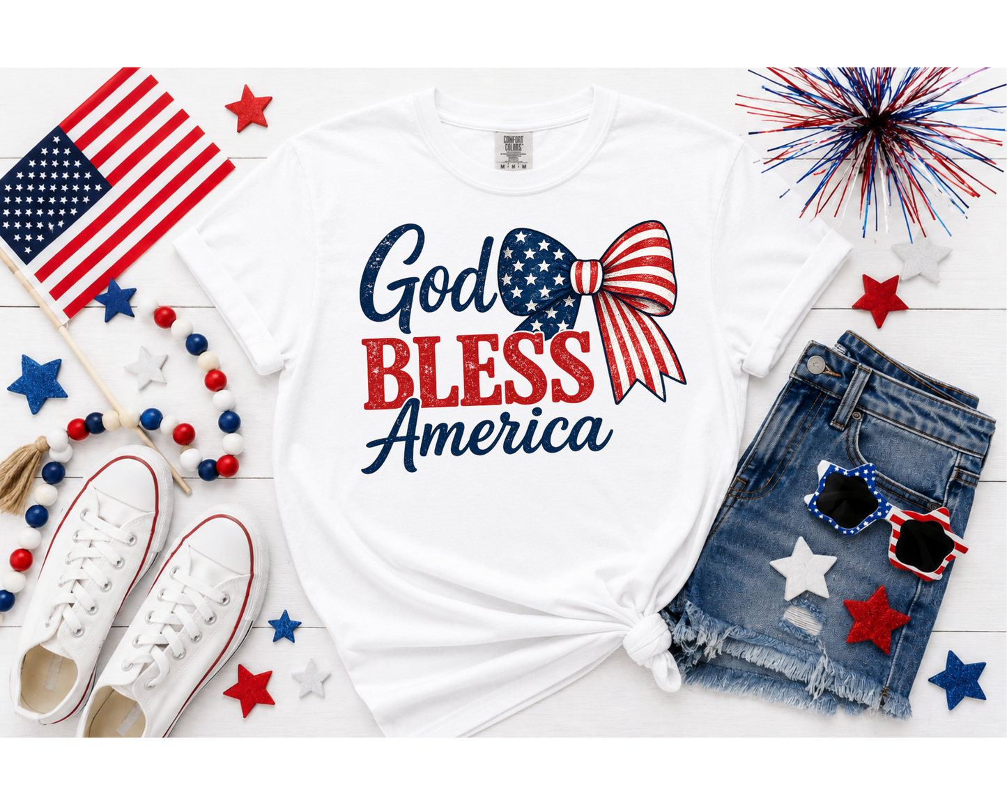 God Bless America Patriotic Bow Graphic Tee | Fourth of July Shirt | USA Flag Shirt | Independence Day T-Shirt | Patriotic Women's Tee