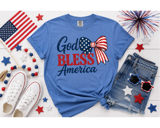 God Bless America Patriotic Bow Graphic Tee | Fourth of July Shirt | USA Flag Shirt | Independence Day T-Shirt | Patriotic Women's Tee