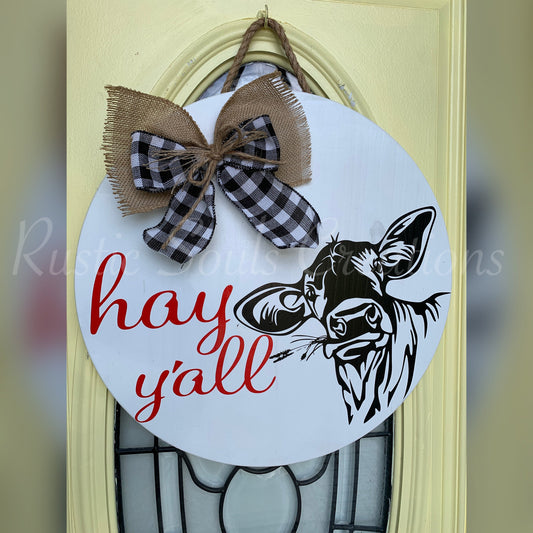 Hay Y'all Door Sign | Cow Door Hanger Sign | Welcome Door Hanger