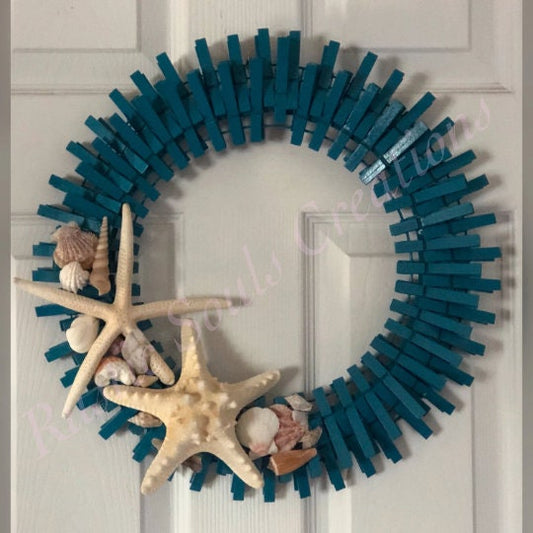 Summer Beach Seashell Wreath | Clothespin Wreath | Nautical Wreath | Starfish Beach Theme