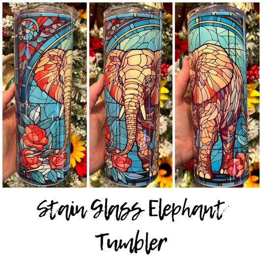 Beautiful Stained Glass Tumbler | 20oz Straight Tumblers | Stained Glass Elephant Tumbler | Elephant Tumblers