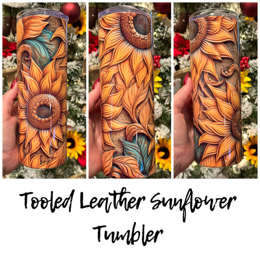 Sunflower Tumblers | 20oz Straight Tumblers | Sunflower Tooled Leather Tumblers