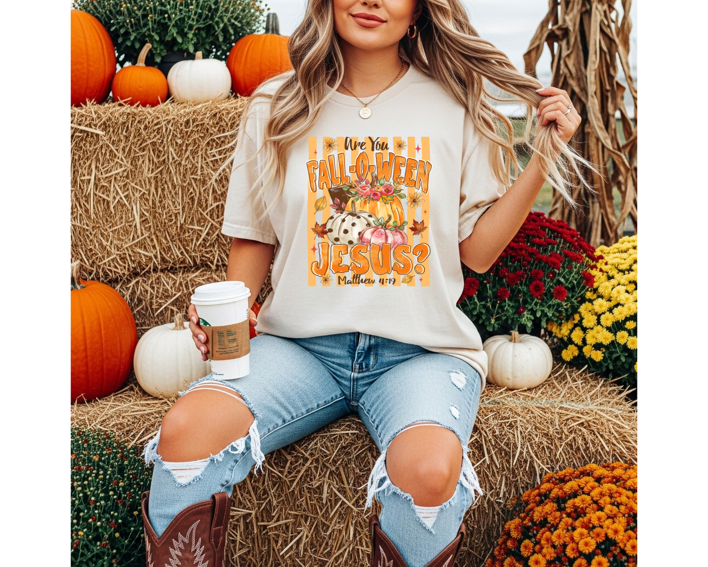 Fall-O-Ween Jesus Christian Pumpkin Shirt | Matthew 4:19 Fall Graphic Tee | Faith-Based Autumn T-Shirt | Thanksgiving Christian Apparel